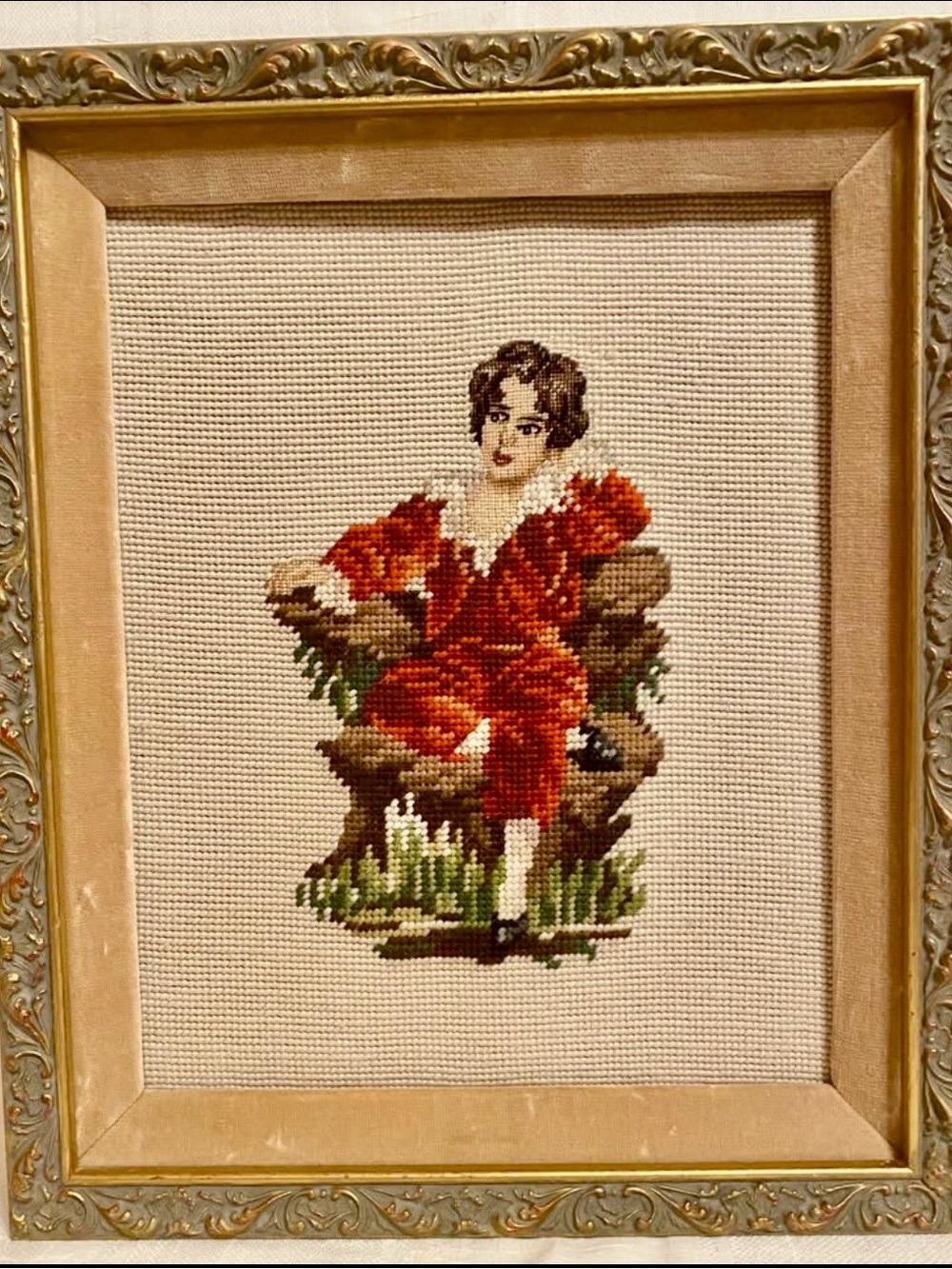 Vintage Framed Needlepoint The Red Boy 16x13” (Master Lambton) Ornate Gold Frame